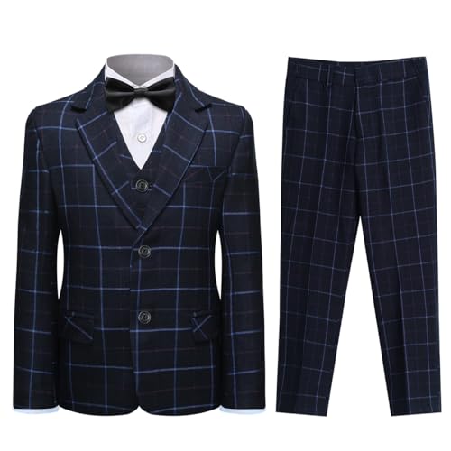 Sliktaa Jungen 3 Stück Anzüge Karierter Slim Fit Hochzeitsanzug Für Party Abschlussball Geburtstag Einzelanzug Weste Und Hosenanzug Schwarz 8 Jahre von Sliktaa