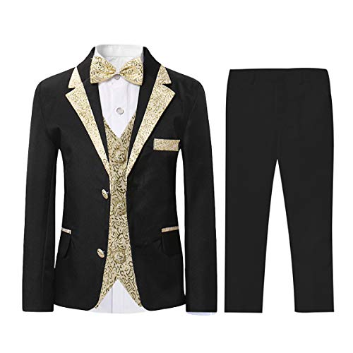 Sliktaa Jungen Anzüge 4-teilige Slim Fit Smokinganzug Für Kinder Mantel Fliege Hose Weste Anzug Für Hochzeit Party Show Und Abschlussball Schwarz-goldgelb 7 Jahre von Sliktaa