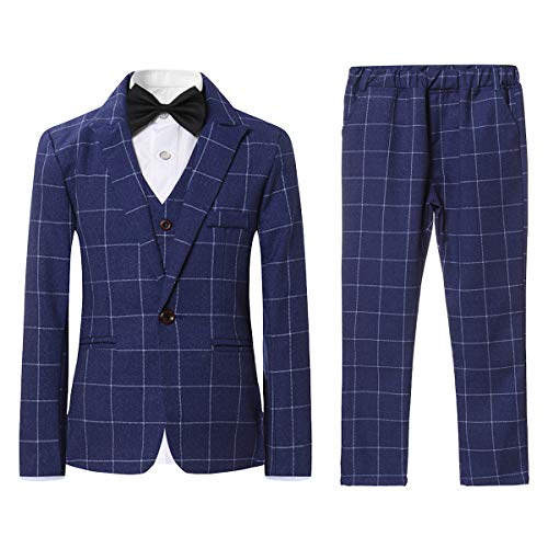 Sliktaa Jungen Reverskragen EIN Knopf Anzug Kariert Dreiteiliges Kostüm Dinner Hochzeit Veranstaltungsort Formelle Party Slim Fit Blau 7 Jahre von Sliktaa