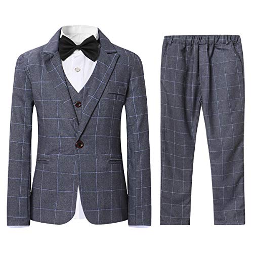 Sliktaa Jungen Reverskragen EIN Knopf Anzug Kariert Dreiteiliges Kostüm Dinner Hochzeit Veranstaltungsort Formelle Party Slim Fit(Grau 8 Jahre) von Sliktaa
