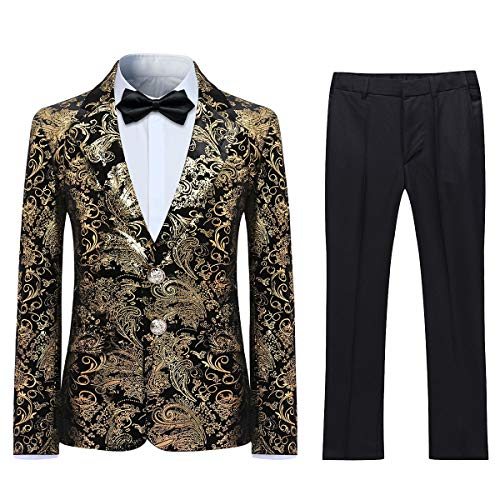 Sliktaa Jungen Kostüm 2 Teilig Klassisch Gold Floral Jacquard Slim Fit Allerheiligen Hochzeit Ball Tuxedo Jacke und Hose 6 Farben(Gold 10 Jahre) von Sliktaa