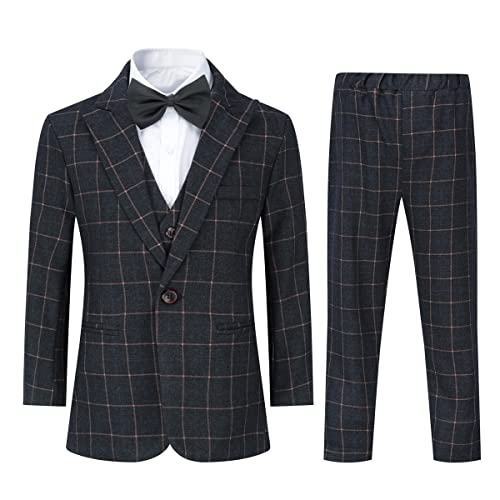 Sliktaa Jungen Reverskragen EIN Knopf Anzug Kariert Dreiteiliges Kostüm Dinner Hochzeit Veranstaltungsort Formelle Party Slim Fit(Schwarz 12 Jahre) von Sliktaa