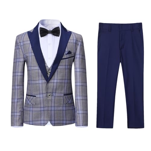 Sliktaa Jungen Smokinganzug Hochzeit Lässig Party Geburtstag Langärmelig Einreihig Unishirt Karierter Druck Weste Hosenanzug Hellgrau 7 Jahre von Sliktaa