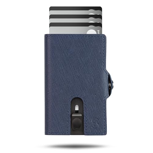 SlimJack® Wallet mit Münzfach - Jackster Wallet - Kreditkartenetui mit RFID-Schutz - Geldbeutel für Herren - Aluminium-Kartenhalter - Smart Wallet für Karten & Münzen - Navyblau Leder von SlimJack