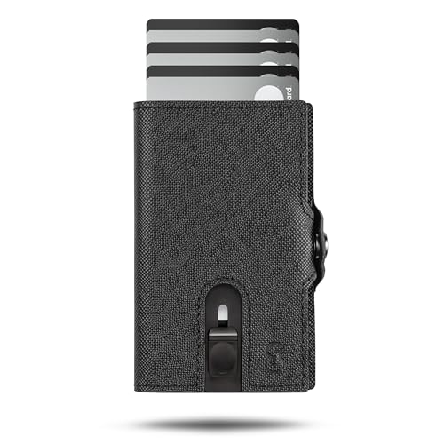 SlimJack® Wallet mit Münzfach - Jackster Wallet - Kreditkartenetui mit RFID-Schutz - Geldbeutel für Herren - Aluminium-Kartenhalter - Smart Wallet für Karten & Münzen - Schwarz Leder von SlimJack