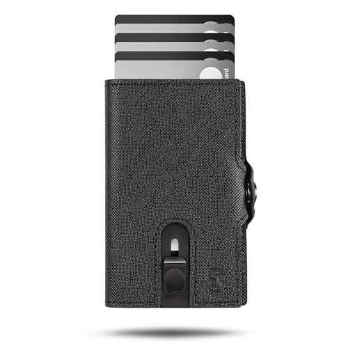 SLIMJACK Smart Wallet mit Münzfach - Kreditkartenetui mit RFID-Schutz - Geldbeutel für Herren - Aluminium-Kartenhalter - Smart Wallet für Karten & Münzen - Schwarz Leder von SLIMJACK
