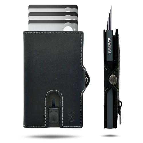 SLIMJACK Smart Wallet mit Münzfach - Kreditkartenetui mit RFID-Schutz - Geldbeutel für Herren - Aluminium-Kartenhalter - Smart Wallet für Karten & Münzen - Schwarz Grau von SLIMJACK