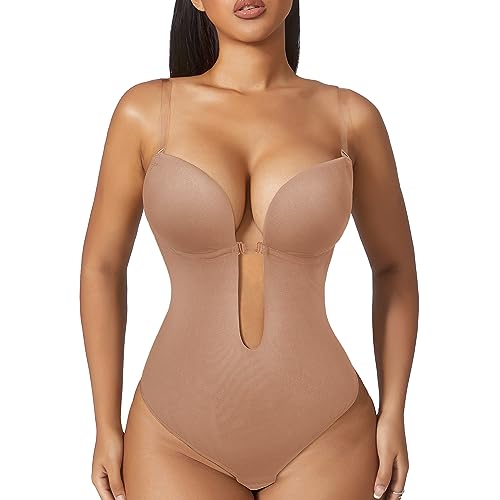 Frauen Shapewear Rückenfrei Body BH Shaper Damen Plus Size Plunge Invishaper Low Back Thong Bodys Open Crotch Daily Use, Nude, Small von Slimers