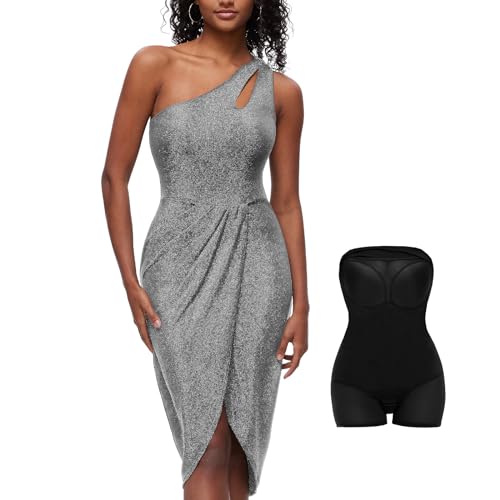 Slimers Kleid mit integrierter Shapewear – One-Shoulder-Kleider für Damen – figurbetontes Midi mit Shaper Body, Silberfarben, Groß von Slimers