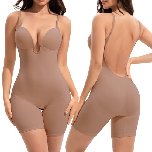 Slimers Rückenfreie Shapewear Bauchkontrolle: tiefer Rücken, tiefer Rücken, figurformender Bodysuit, integrierter BH, Ganzkörperformer für Damen, Hautrosa, XXL von Slimers