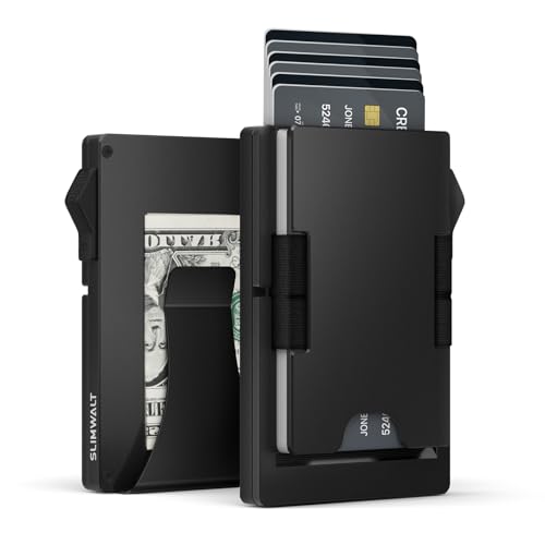 Slimwalt Metall Geldklammer für 10-20 Karten & 20 Geldschein Pop-up Kartenetui Herren Mit RFID Schutz Slim Wallet CardHolder Mit Smart Kartensteckplatz (Schwarz) von Slimwalt