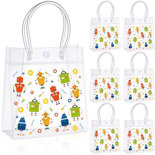 Sliner 24 Stück Geschenkbeutel aus PVC mit Griffen, 15 x 20 x 7,1 cm, transparent, wiederverwendbar, für Partygeschenke (Roboter-Stil) von Sliner