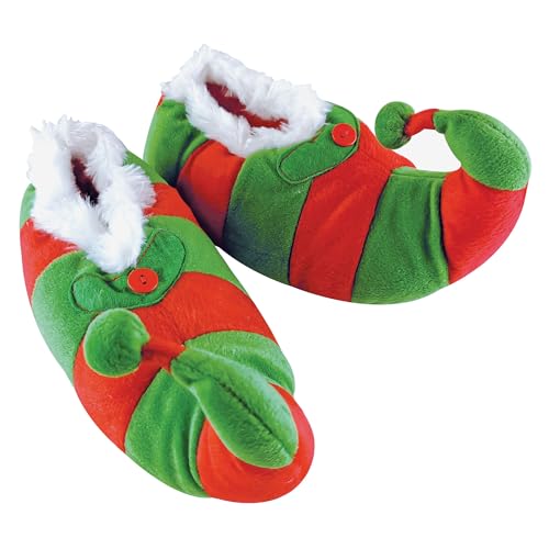 Kinder Weihnachts Elfen Design Hausschuhe | Sock Snob | Rot und Grüne Gestreifte Elf Hausschuhe (L, Rot & Grün, large) von Slipper Snob