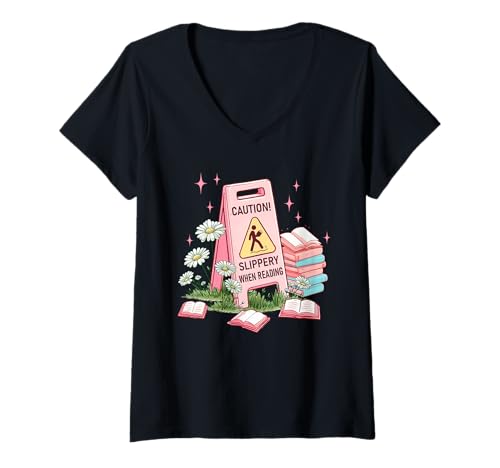 Damen Rutschig - Beim Lesen - Lustiges Buch T-Shirt mit V-Ausschnitt von Slippery - When Reading - Funny Book