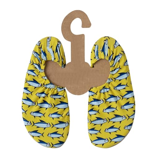 Kinder Strandschuhe Anti Rutsch Sport Schuhe Schwimmschuhe Badeschuhe Urlaub Yoga Pool Unisex in Gelb mit Fischen, Gr. 18-20 von Slipstop