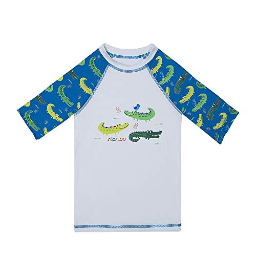 Kurzarm UV Shirt Badeshirt für Kinder - LSF50+ Schwimmshirt Rashguard Schnelltrocknendes Unisex blau mit lustigen Krokodilen, Gr. 116-122 von Slipstop