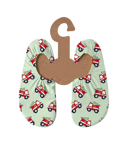 Slipstop Kinder Strandschuhe Anti Rutsch Ballett Schuhe Schwimmschuhe Urlaub Badeschuhe Pool Unisex Ladder-grün mit Feuerwehautos, Größe 21-23 von Slipstop