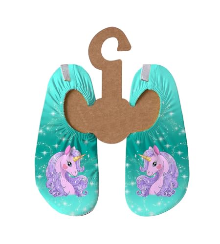 Slipstop Kinder Strandschuhe Anti Rutsch Sport- Schwimmschuhe Badeschuhe Urlaub für Mädchen in Türkis mit Einhorn Bellisima Sonnenschutzfaktor 50+, Gr. 18-20 von Slipstop