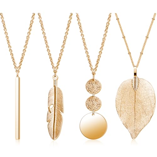 4 Stück Lange Anhänger Halsketten für Frauen,Mode Anhänger Halskette Schmuck Lange Pullover Halsketten Set Silber Bar Feder Kreis Blatt Schloss Quaste Y-Halskette Schmuck-Set Statement Halskette（Gold) von Sliverdew