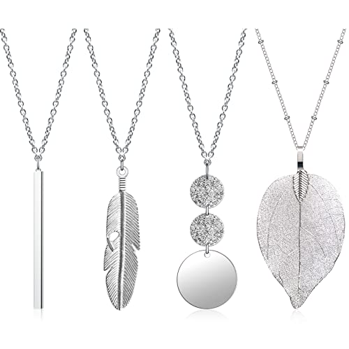 4 Stück Lange Anhänger Halsketten für Frauen,Mode Anhänger Halskette Schmuck Lange Pullover Halsketten Set Silber Bar Feder Kreis Blatt Schloss Quaste Y-Halskette Schmuck-Set Statement Halskette von Sliverdew