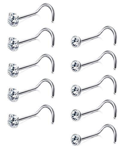 Sllaiss 10 Stücke Korkenzieher Nasenstecker Sets with Österreich Kristall Klein Nasenpiercing für Frauen Männer 316L Edelstahl Nasenstecker Set Körperschmuck 1.5/2 MM von Sllaiss