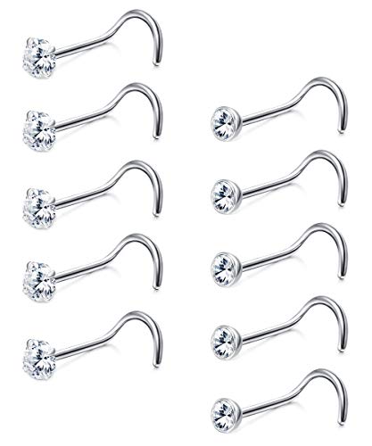 Sllaiss 10 Stücke Korkenzieher Nasenstecker Sets with Österreich Kristall Klein Nasenpiercing für Frauen Männer 316L Edelstahl Nasenstecker Set Körperschmuck 1.5/2 MM von Sllaiss