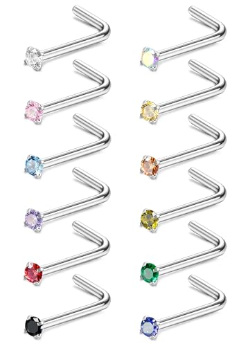 Sllaiss 20G Edelstahl Nasenpiercing Stecker 12 Stücke L-Form Nasenstecker für Frauen Männer Zirkonia Nasenpiercing Set Nasenpiercing Chirurgenstahl Farbig Zirkonia von Sllaiss