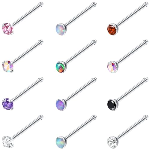 Sllaiss 12PCS 316L Edelstahl Nasenpiercing Zirkonia Hypoallergen Gerade Geformte Stecker Nasenstecker Studs Set für Damen Weihnachten, Halloween, Nostril Piercing 0.88mm/1mm - Mehrfarbige Edelsteine von Sllaiss