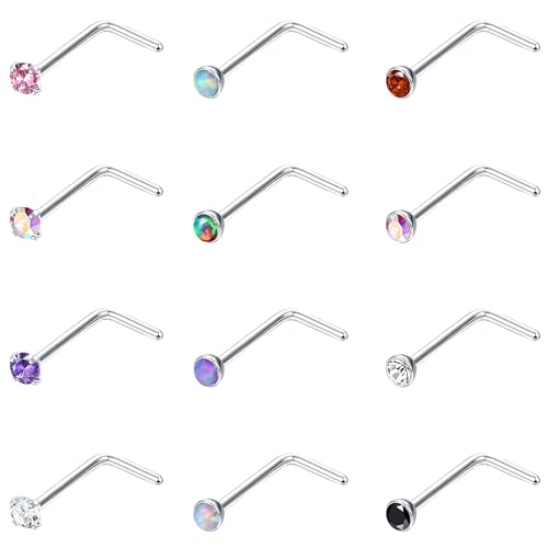 Sllaiss 20G Edelstahl Nasenpiercing Stecker für Frauen Männer 12 Stücke Nasenstecker Nasenpiercing Chirurgenstahl Zirkonia Opal Piercing Nase 18G Nostril Piercing Schmuck L-Form 20G von Sllaiss