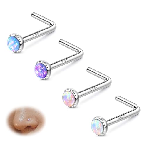 Sllaiss 20G Nasenpiercing Silber 925 Nasenstecker 4 Stücke Opal Nasenpiercing Stecker Piercing Set L Form Nase Piercing Schmuck für Damen Männer Nostril Piercing Schmuck (SILBER 2MM) von Sllaiss