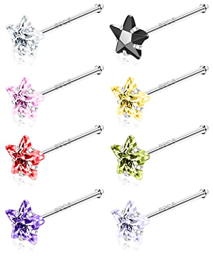 Sllaiss 22G Nasenstecker Silber 925 Sterling Silber Nasenpiercing für Frauen 8 Stücke Farbig Zirkonia Nasenstecker 3MM Herz Stern Nasenpiercing Stecker Nasenpiercing Schmuck Set Stern von Sllaiss