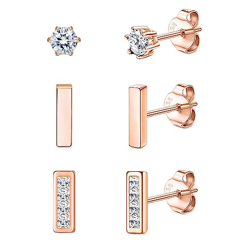 Sllaiss 3 Paar Ohrstecker aus 925er Sterlingsilber Set Klare Zirkonia-Ohrstecker Zierliche Rundstab-Ohrstecker für Frauen 14 Karat Gold Roségold Weißvergoldeter Schmuck Rosegold von Sllaiss