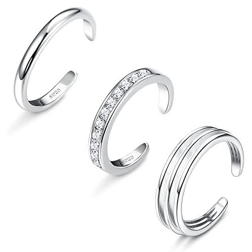 Sllaiss 3 Stücke S925 Zehenring für Frauen 925 Sterling Silber Verstellbarer Offene Zehenringe Set Zirkonia Zehenringe Weißgold Sommer Strand Fußschmuck Set A von Sllaiss