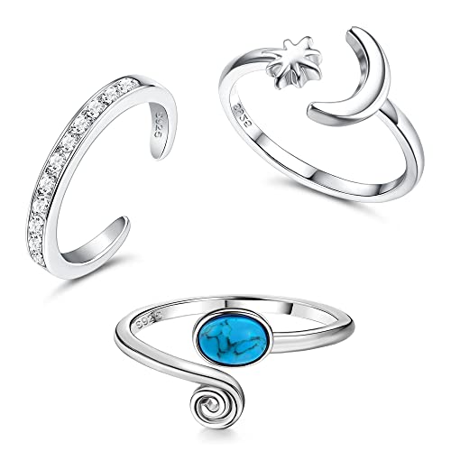 Sllaiss Sterling Silber Zehenring für Frauen Zirkonia Türkis Zehenring Set 3 Stücke Verstellbar Öffnen Zehenring Sommer Fußschmuck Set B von Sllaiss