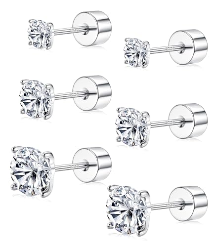 Sllaiss 3 Paar Ohrstecker mit flachem Rücken 925 Sterlingsilber Ohrstecker Set 20G Knorpel Zirkonia Ohrstecker für Frauen Weißvergoldete winzige CZ Schraubohrringe Minimalismus Schmuck von Sllaiss