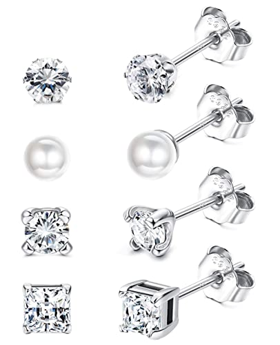 Sllaiss 4 Paare 925 Silber Ohrringe für Damen Männer Ohrring-Set Glänzend Auserlesen Perle Herz Stäbchen Runde Ball Cubic Zirkonia Ohrstecker 3-6mm (Stil D) von Sllaiss