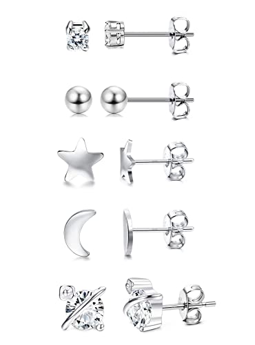 Sllaiss 5 Paare Ohrstecker Silber 925 für Damen Herren Zirkonia Ohrstecker Kleiner Mond Kosmischer Stern Ball Glänzende Zarte Niedliche Weißgold Silber 925 Ohrringe Set von Sllaiss