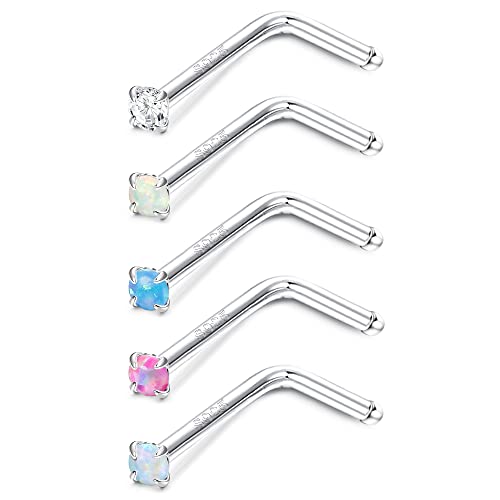Sllaiss 5 Stücke Farbig Zirkonia Opal Nasenstecker 925 Sterling Silber Nasenstecker für Frauen 20G Nasenpiercing Stecker L Form Nasenring Klein Nasenpiercing von Sllaiss