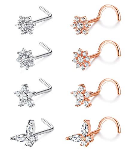 Sllaiss 8 Stück Edelstahl 20G L geformter Nasenring für Frauen Cubic Zirkonia Silber Roségold Schraubnase Ohrstecker Piercing Schmuck Set Blume Schneeflocke Schmetterling Stern(s+rg) von Sllaiss