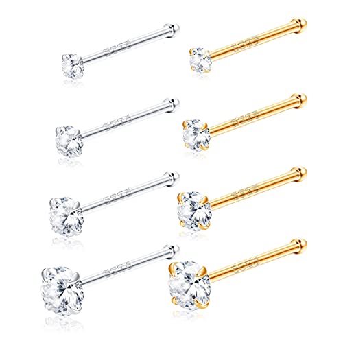 Sllaiss 8 Stücke 20G Nasenstecker 925 Sterling Silber Nasenstecker für Frauen 1.5/2/2.5/3MM Zirkonia Nasenstecker Set Klein Nasenpiercing Weißgold Vergoldet von Sllaiss