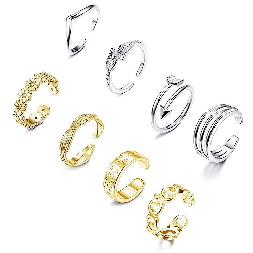 Sllaiss 8pcs Zehenringe für Frauen Daumenknöchel 18 Karat Gold Weißgold Rosévergoldete Zehenringe Einfache Pfeilblatt Blume Verstellbare Stapelbare Zehenringe Set Sommer Fußschmuck (Gold) von Sllaiss