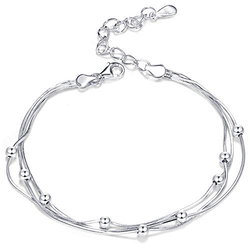 Sllaiss 925 Sterling Silber Klein Kugelkette Geschichtetes Armband für Frauen Verstellbar Weißgold Armkette Minimalistisch Schmuck von Sllaiss