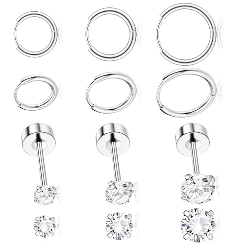 Sllaiss Ohrringe Silber Chirurgenstahl Medizinische Ohrstecker 14 Karat Vergoldete 6 Paar Cubic Zirkonia Ohrringe Set Creolen Gold Ohrringe für Damen Hypoallergene Hoop Ohrringe (Silber Farbe-B) von Sllaiss