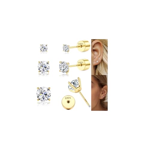 Sllaiss Ohrstecker Silber 925 Damen Gold Ohrringe Set Damen Silber 925 3 Paar 14 Karat Vergoldet Kleine Ohrstecker 20G Cubic Zirkonia Ohrringe Set für Mehrere Piercings ohrstecker von Sllaiss