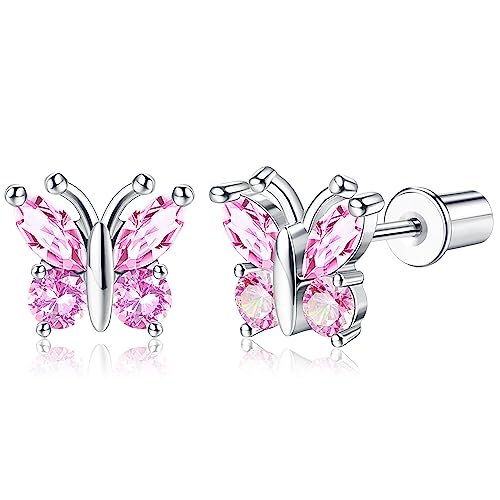 Sllaiss Rosa Zirkonia Ohrstecker 925 Sterling Silber Ohrstecker für Frauen Schmetterling Blume Ohrringe Weißgold Screw Ohrringe Rosa Ohrstecker B von Sllaiss