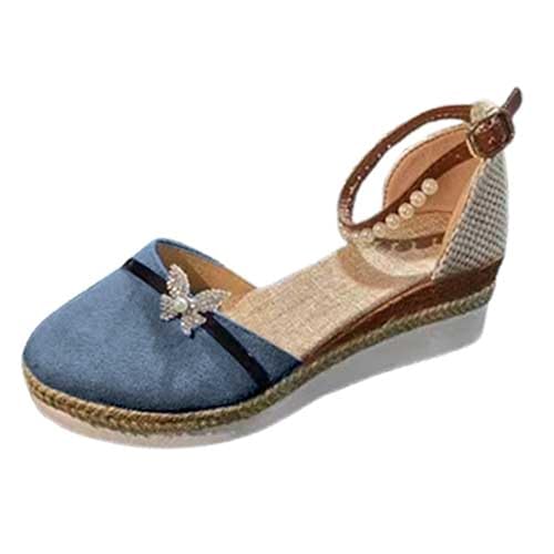 Sllowwa Sandalen für Damen, Größe 37, 38, 39, 40, Sommer, Seil, runde Spitze, hohle Schleife, dicker Boden, Keilabsatz, breite Passform, Wanderschuhe, Schwarz, blau, 39.5 EU Sllowwa Sandalen für Damen, Größe 37, 38, 39, 40, Sommer, Seil, runde Spitze, hohle Schleife, dicker Boden, Keilabsatz, breite Passform, Wanderschuhe, Schwarz, blau, 39.5 EU von Sllowwa