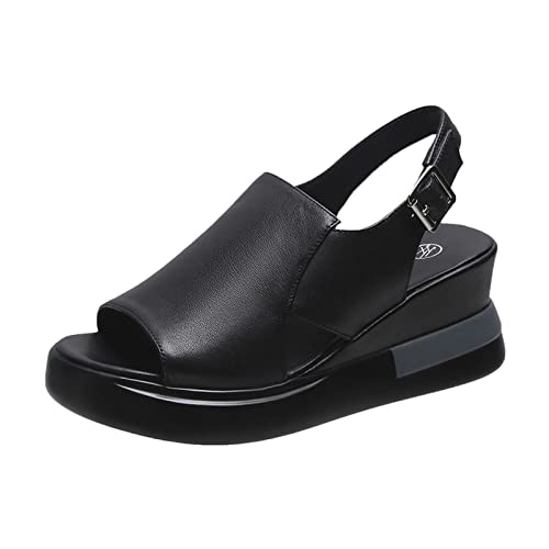 Sllowwa Weite Passform, Sandalen für Damen, einfarbig, modisch, Keilabsatz, römische Schnalle, lässig, offene Zehen, Schwarz , 38.5 EU Sllowwa Weite Passform, Sandalen für Damen, einfarbig, modisch, Keilabsatz, römische Schnalle, lässig, offene Zehen, Schwarz , 38.5 EU von Sllowwa