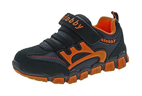 Kinder Halb Schuhe Mädchen Jungen Wild Leder bunt Sneaker Klettverschluss Turnschuhe Navy-Orange Gr. 25 von Slobby