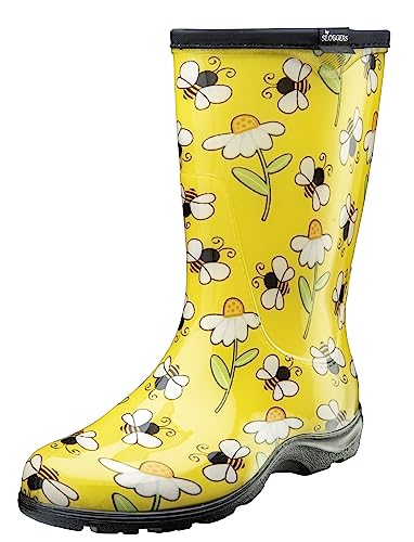 Sloggers Wasserdichte Garten-Regenstiefel für Damen – niedliche Schlamm- und Muck-Stiefel mit Premium-Komfort-Einlegesohle, Bienen-Aufdruck, Gelb, 39 EU von Sloggers