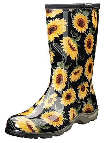 Sloggers Wasserdichte Garten-Regenstiefel für Damen – niedliche Schlamm- und Muck-Stiefel mit Premium-Komfort-Stütz-Innensohle, Sonnenblumenschwarz, Größe 44 von Sloggers